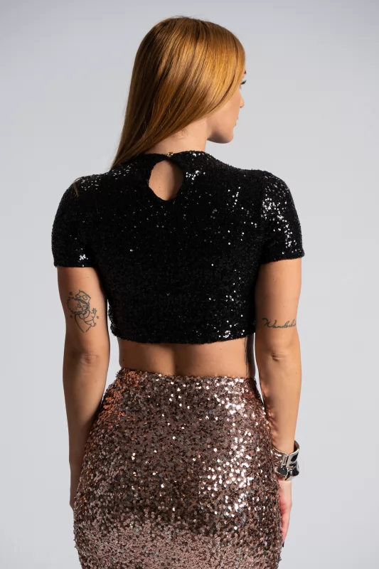 Crop Sequin Κοντομάνικο Μαύρο