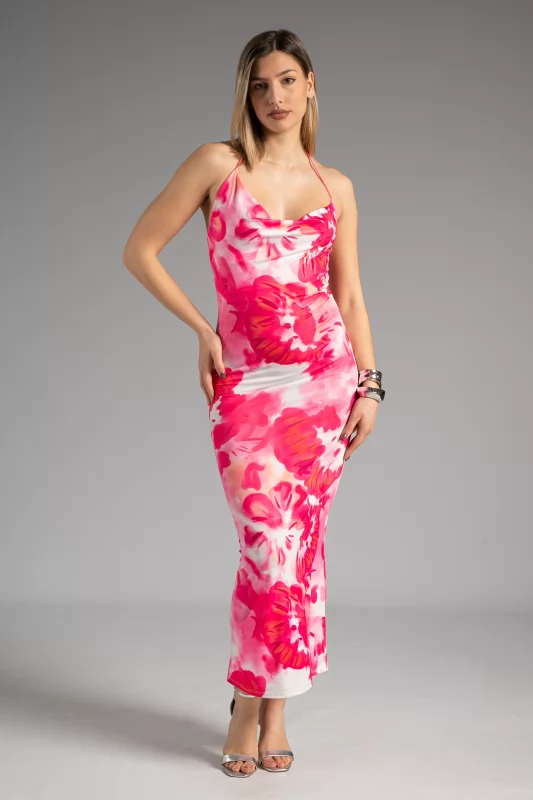 Dress Backless Floral Fuchsia