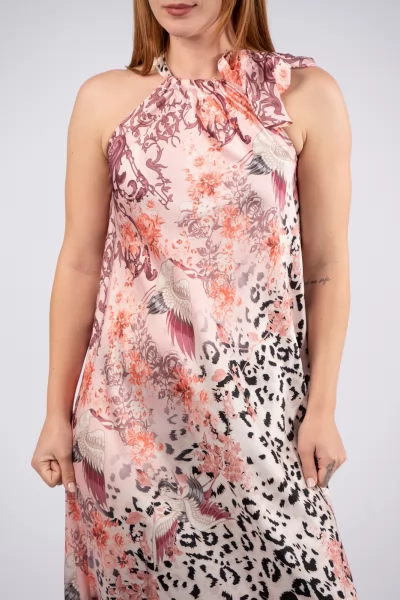 Φόρεμα Halter Floral-Birds Ροζ