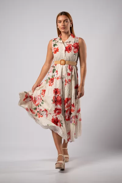 Φόρεμα Κιπούρ Floral Κόκκινο-Λευκό