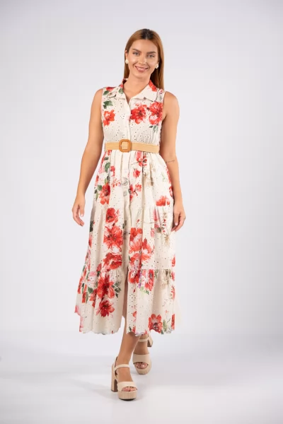 Φόρεμα Κιπούρ Floral Κόκκινο-Λευκό