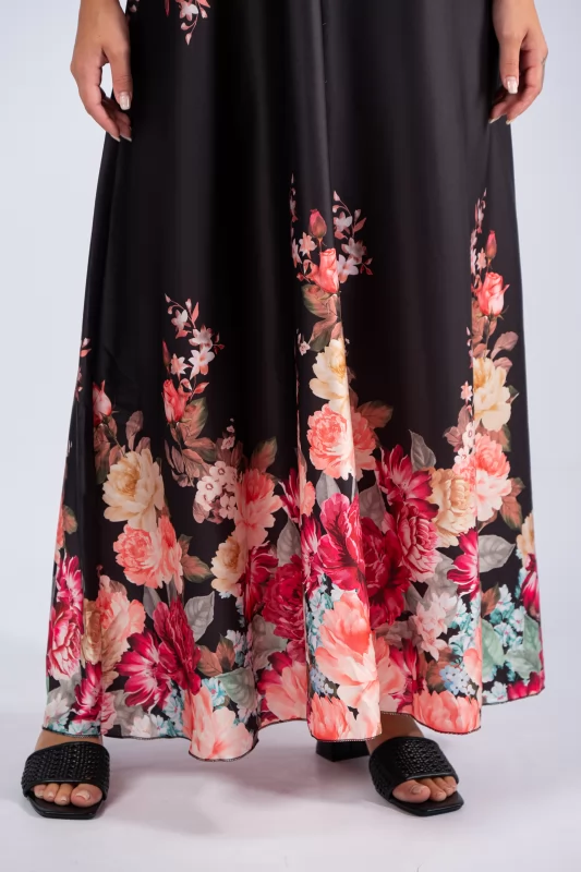 Dress Maxi Satin Floral Black