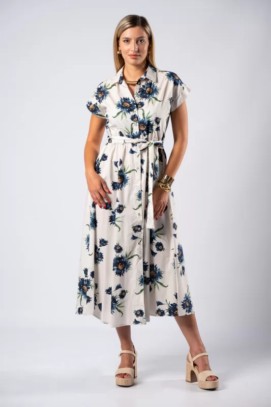 Dress Maxi Semi-Sheer Floral Navy-White