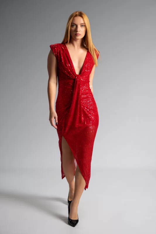 Dress Sequins Sleeveless Ruffle Red