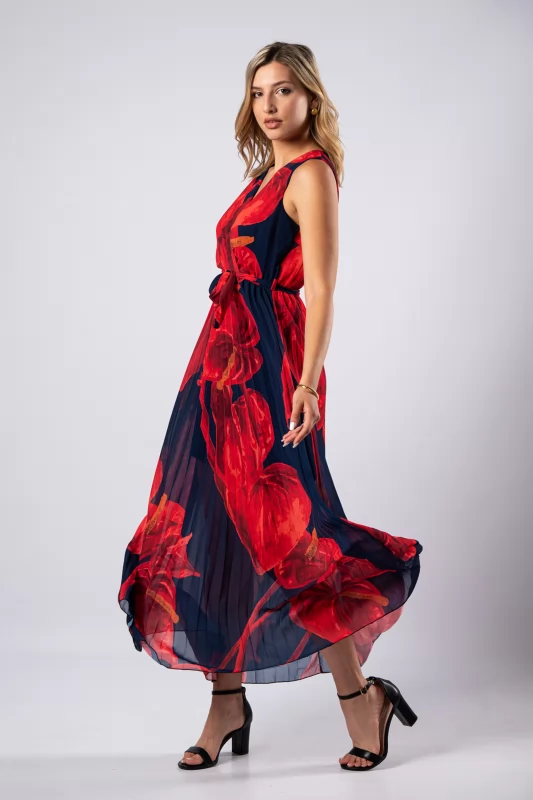 Dress Pleated Red-Navy