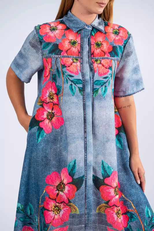 Φόρεμα Σεμιζιέ Floral Φουξ-Denim