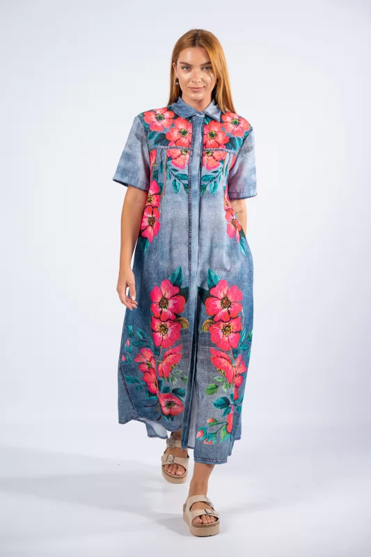 Dress Semi-sheer Floral Fuchsia-Denim 