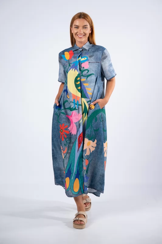 Dress Semi-Sheer Peacock Multicolor-Denim