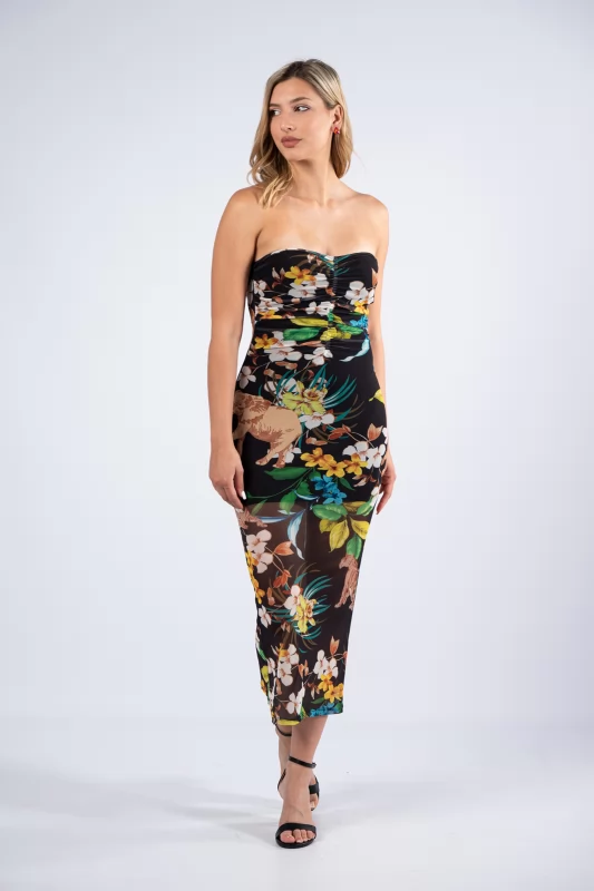 Φόρεμα Strapless Floral Μαύρο