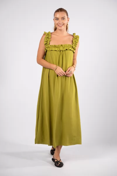 Φόρεμα Βολάν Τιράντες Lime