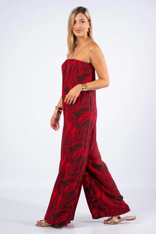 Jumpsuit Strapless Leaves Red-Brown