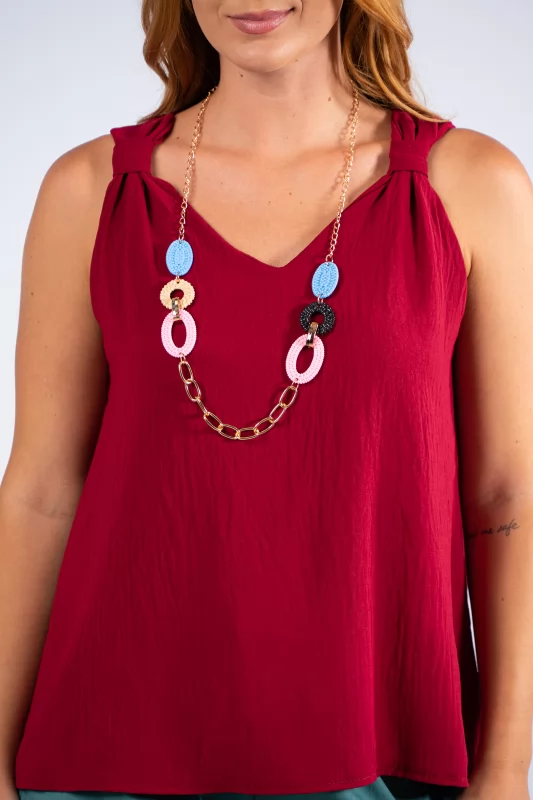 Blouse Sleeveless Necklace Wine Red