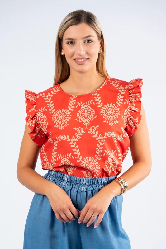 Blouse Leaves Red-Cream