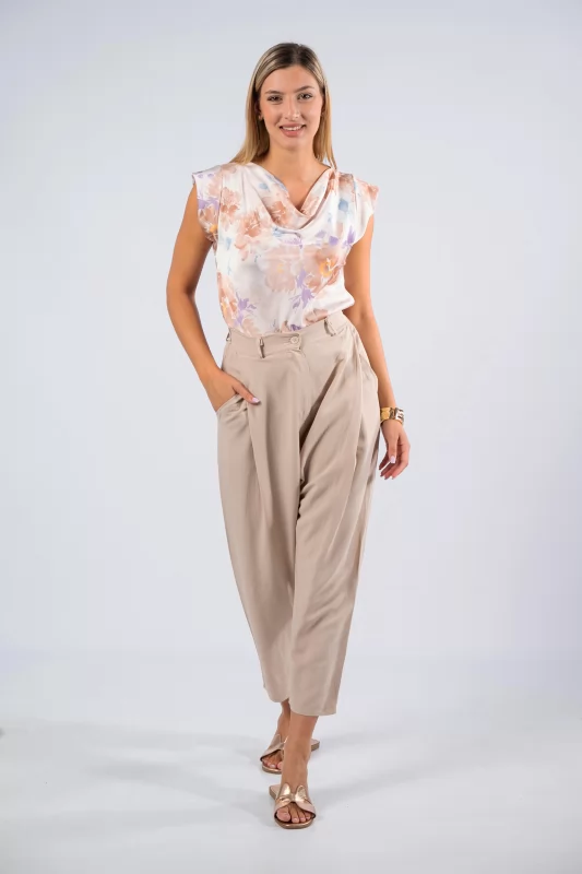 Blouse Draped Floral Beige