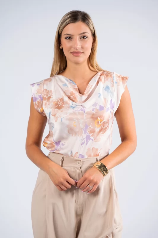 Blouse Draped Floral Beige