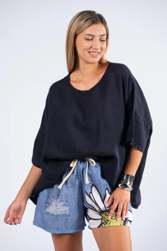 Blouse Over Linen Navy Blue