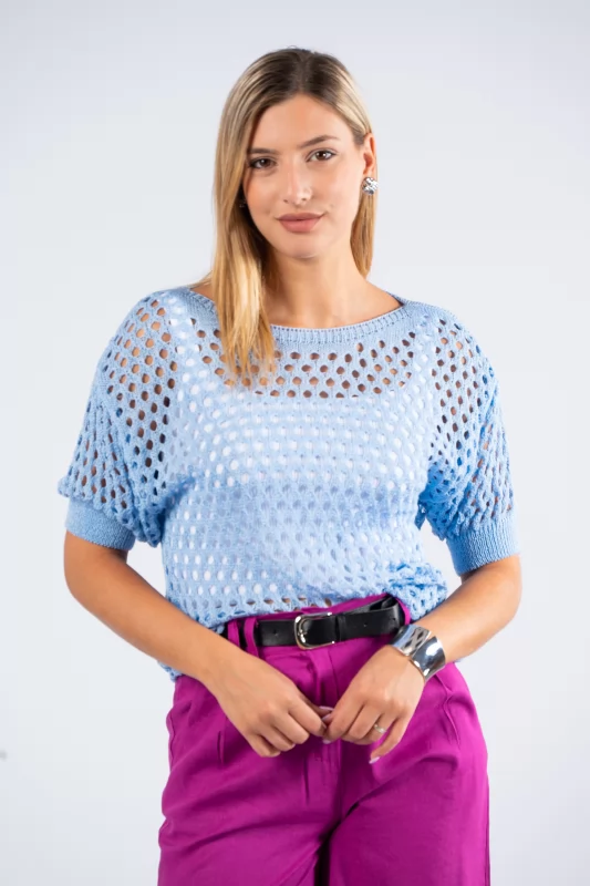 Knitted Blouse Perforated Light Blue