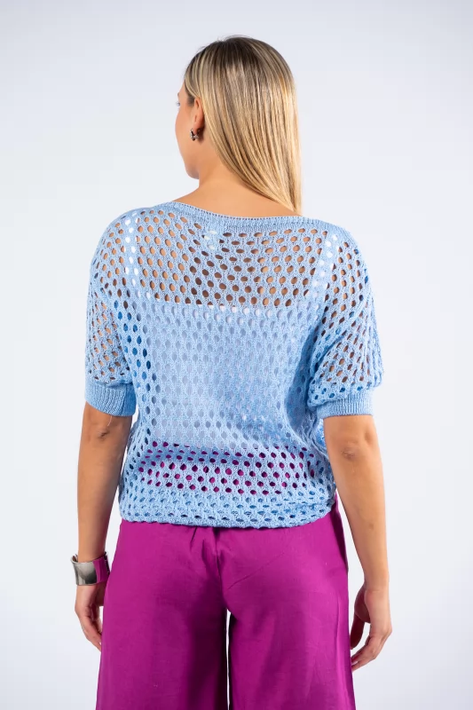 Knitted Blouse Perforated Light Blue