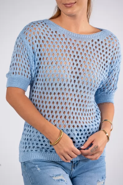 Knitted Blouse Perforated Light Blue