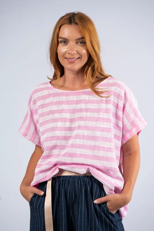 Blouse Striped Necklace Pink