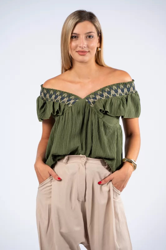 Blouse V Embroidery Khaki