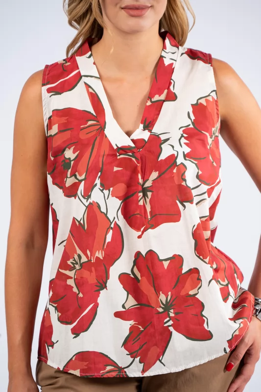 Blouse V Leaves Cherry-Cream