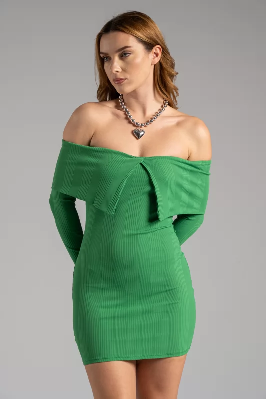 Blouse Dress Rib Off-Shoulder Green