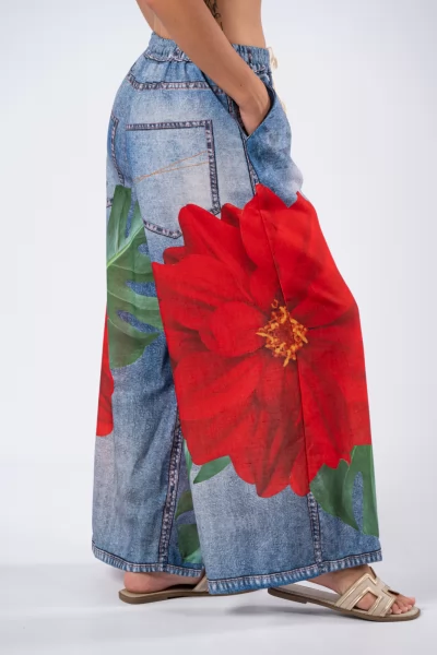 Παντελόνα Big Rose Κόκκινο-Denim