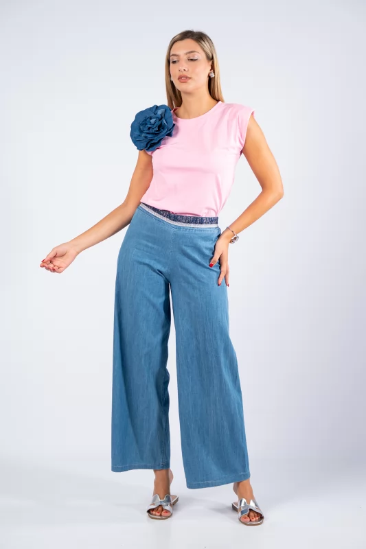 Pants Lurex Waistband Light Blue