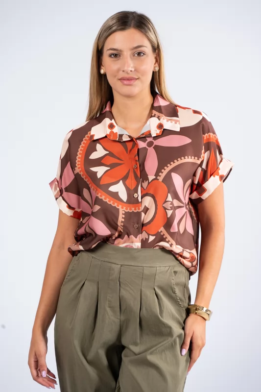 Shirt Satin Floral Brown