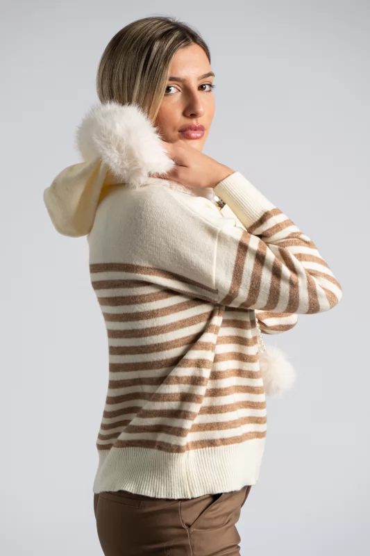 Sweater Stripes Pearls Fur Collar