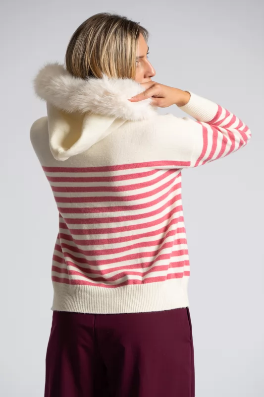 Sweater Stripes Pearls Fur Collar