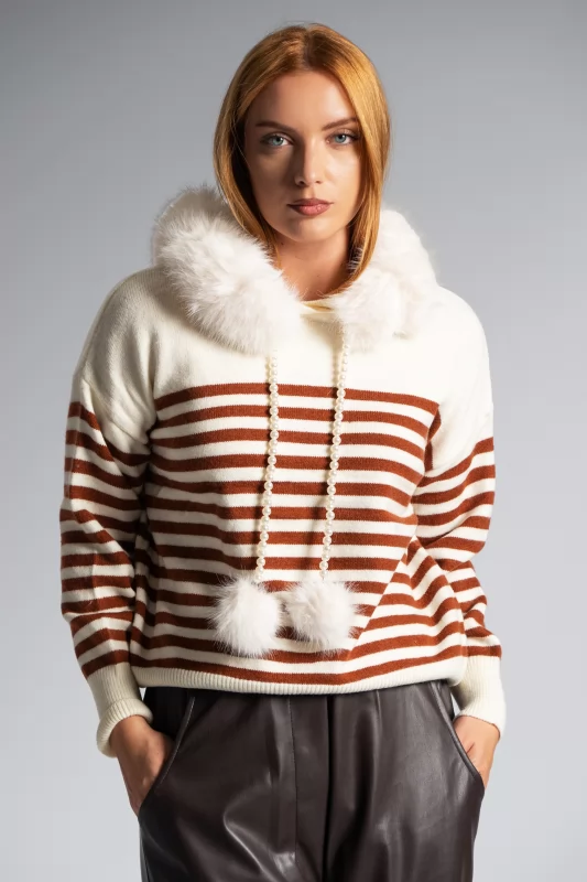 Sweater Stripes Pearls Fur Collar