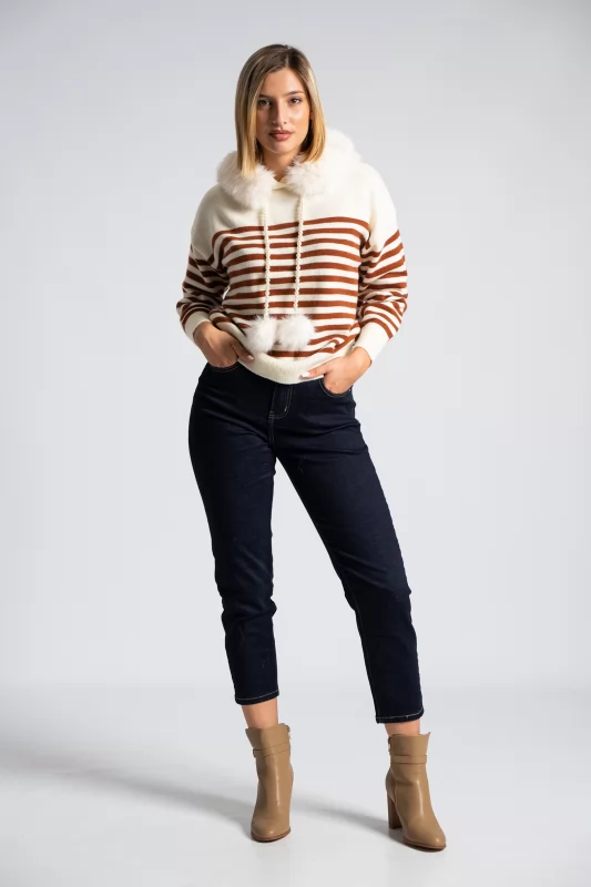 Sweater Stripes Pearls Fur Collar