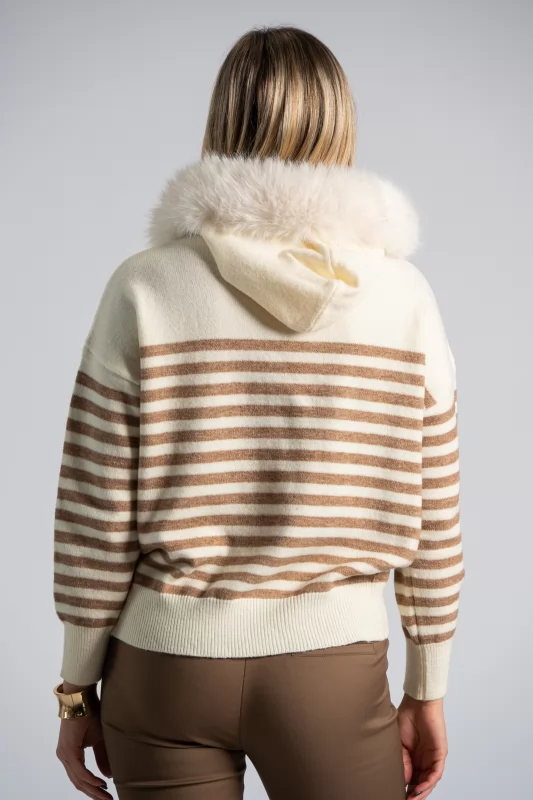 Sweater Stripes Pearls Fur Collar