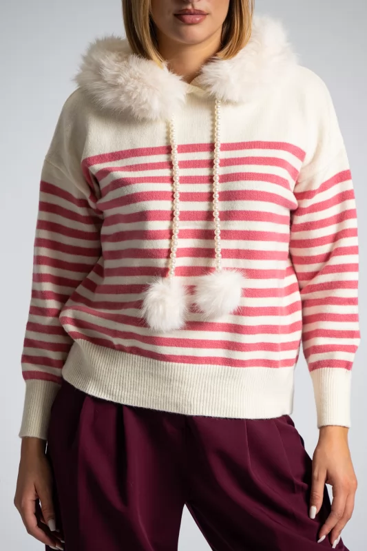 Sweater Stripes Pearls Fur Collar