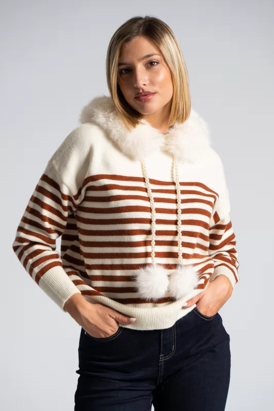 Sweater Stripes Pearls Fur Collar