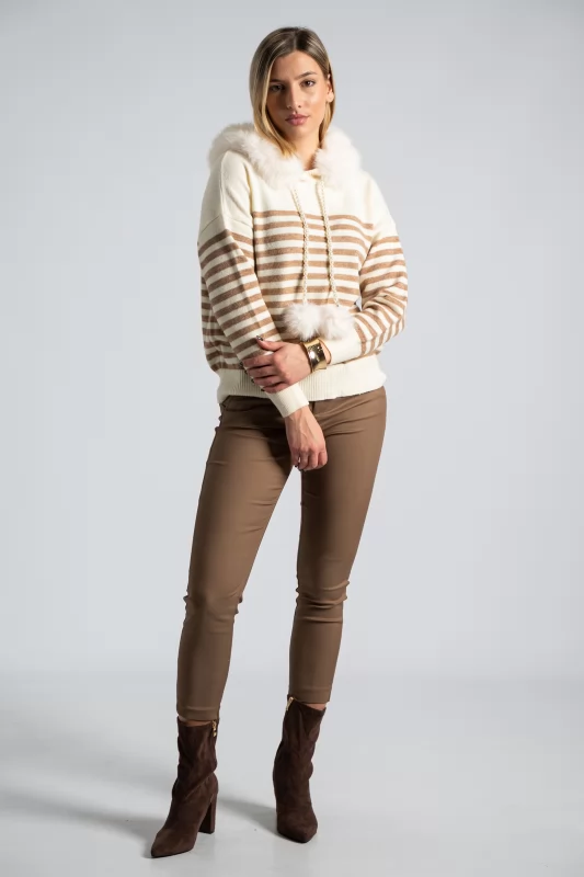 Sweater Stripes Pearls Fur Collar