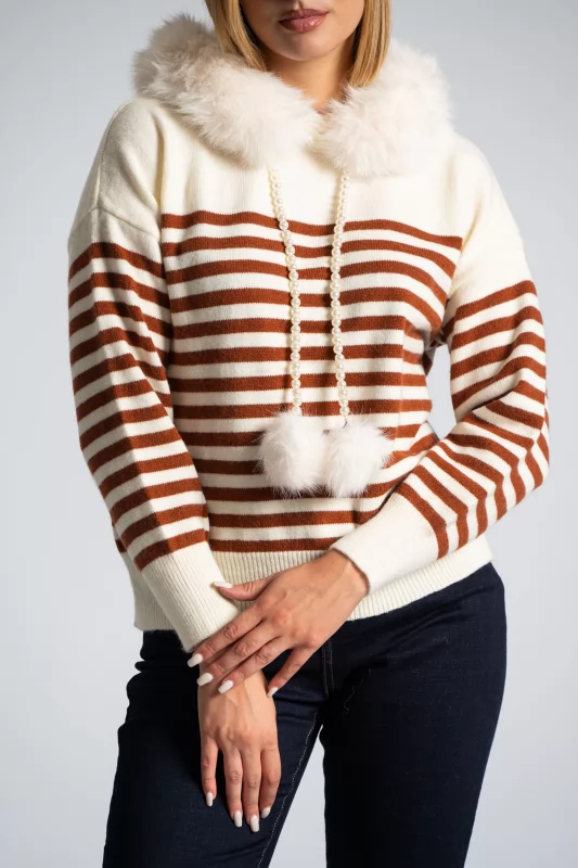 Sweater Stripes Pearls Fur Collar