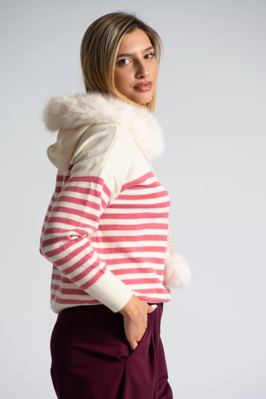 Sweater Stripes Pearls Fur Collar