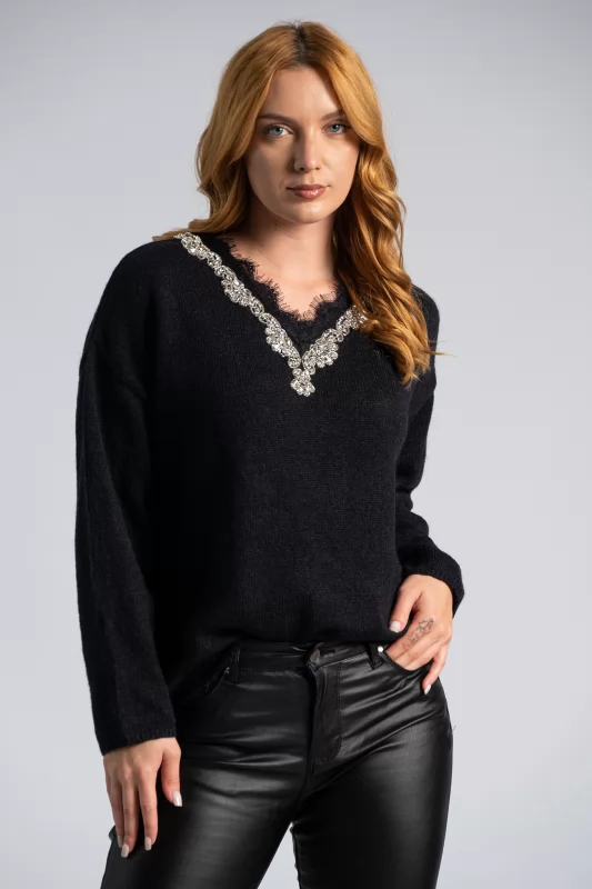 Sweater V Strass Lace