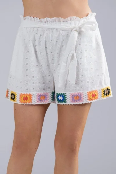 Shorts Κιπούρ Boho Paperbag Λευκό