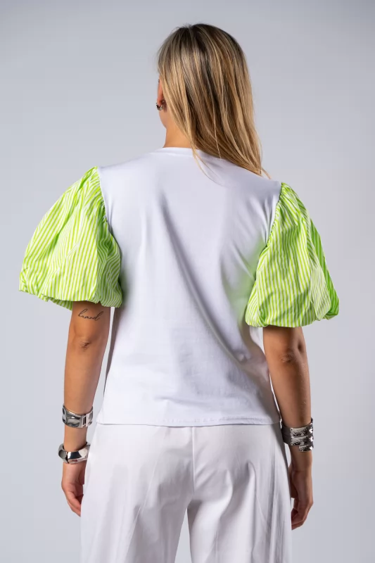 T-Shirt Balloon Sleeves Green-White