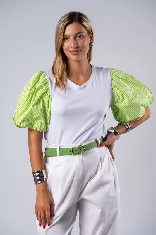 T-Shirt Balloon Sleeves Green-White