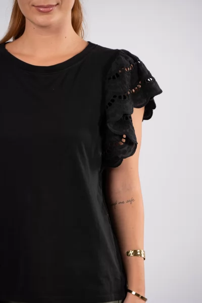 T-Shirt Κιπούρ Μανίκια Μαύρο