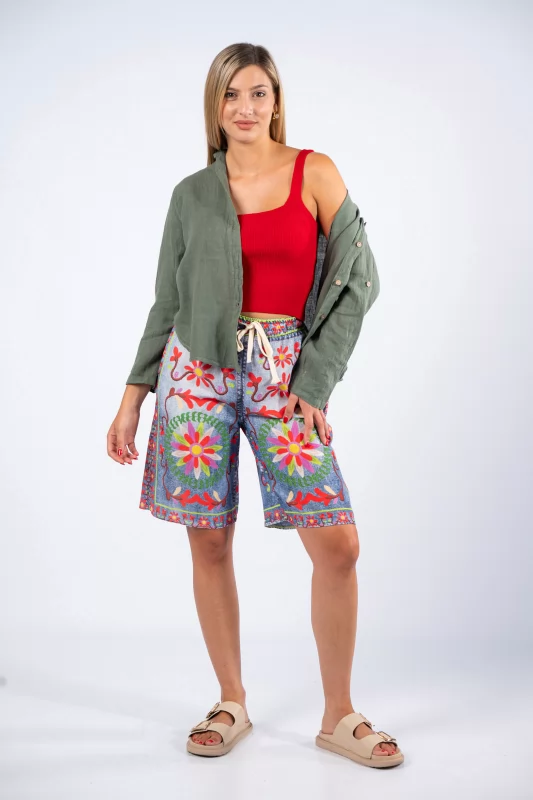 Bermuda Boho Floral Denim Blue